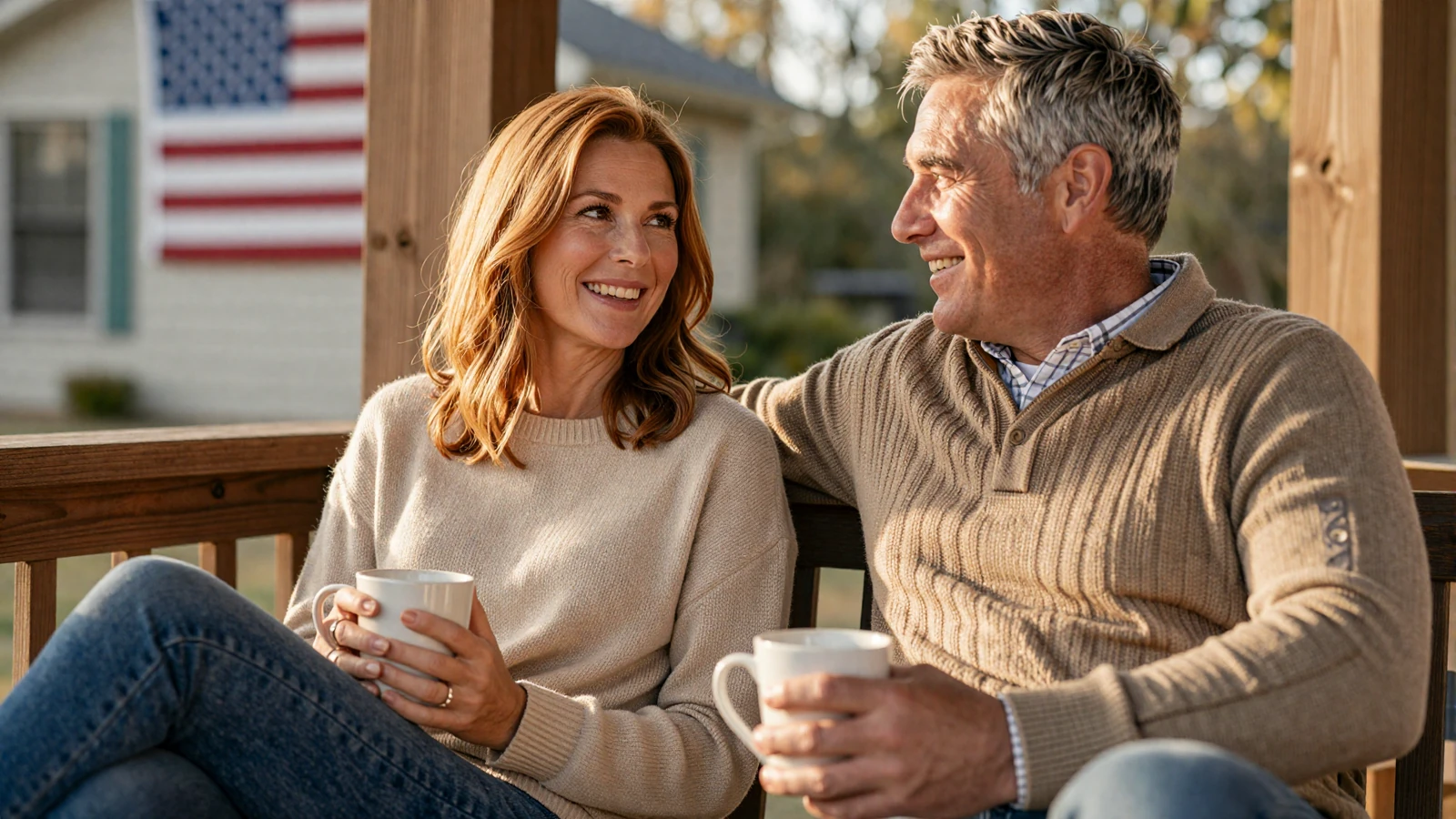 Happy veteran couple relaxing on a home porch at golden hour, showing how veterans can find love after military service through veteran dating