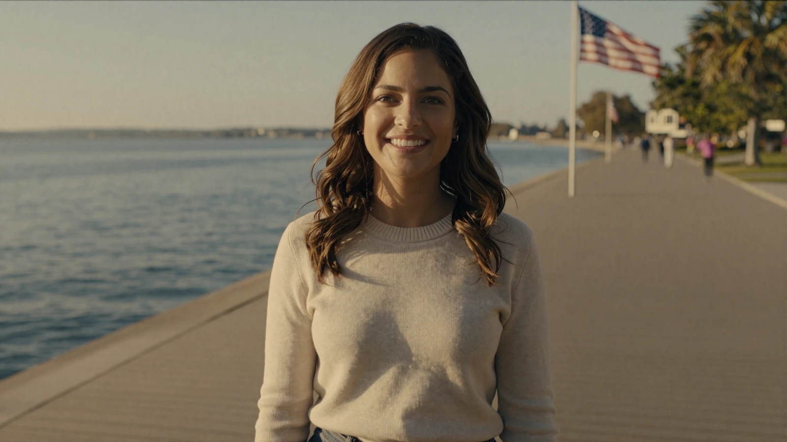 Woman smiling on a waterfront boardwalk with a soft-blurred American flag, welcoming members to our military dating site