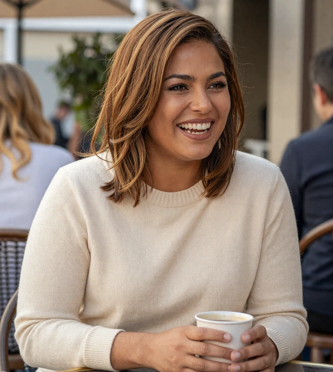 Woman laughing candidly at an outdoor café, a member of our army singles dating community