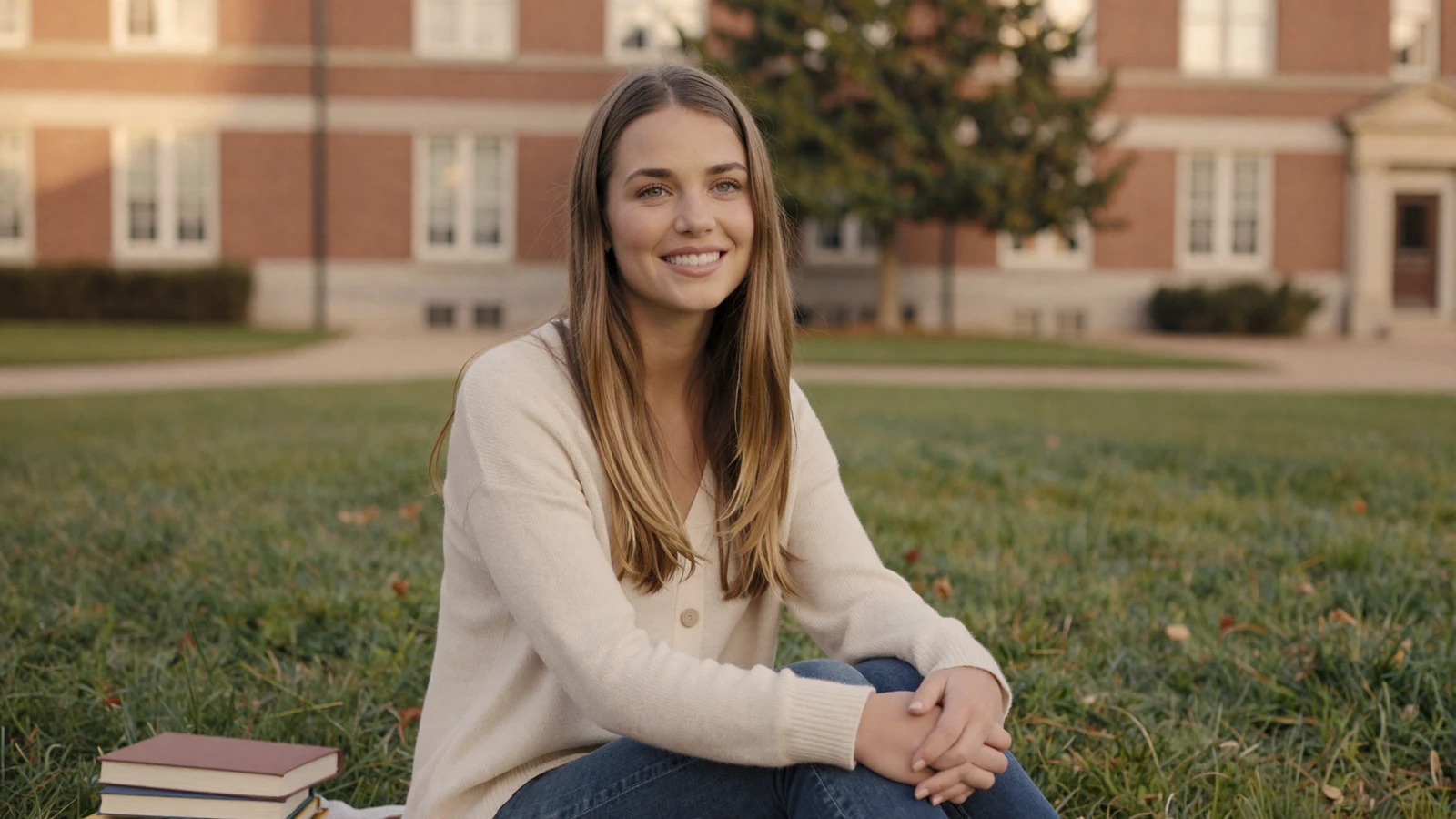 Woman smiling on a university campus lawn, illustrating how to meet military men online and offline