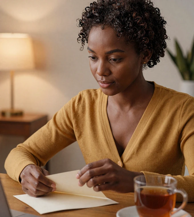 Woman sealing a handwritten letter at a cozy table, illustrating military pen pals who write to a soldier during deployment