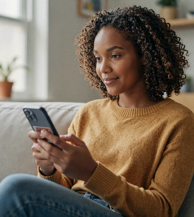 Black woman looking at photos on her phone in a cozy apartment while dating a military man long distance