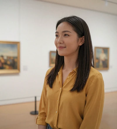 Asian woman in a museum gallery, a retired military dating member seeking a serious relationship