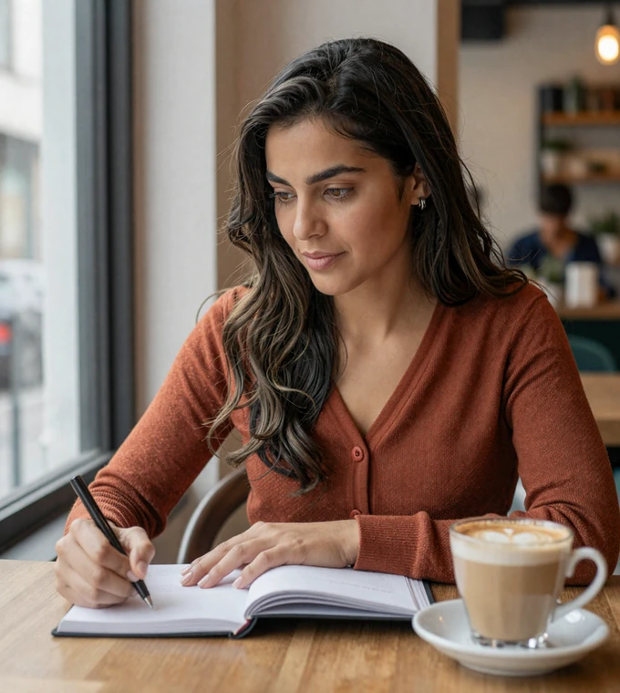Latina woman writing thoughtfully at a café table, reflecting the honesty that builds trust when dating a military man long distance