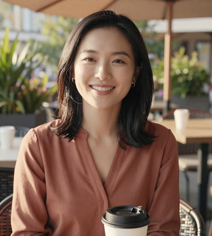 Asian woman smiling with coffee on a restaurant terrace, representing verified members on trusted military dating websites