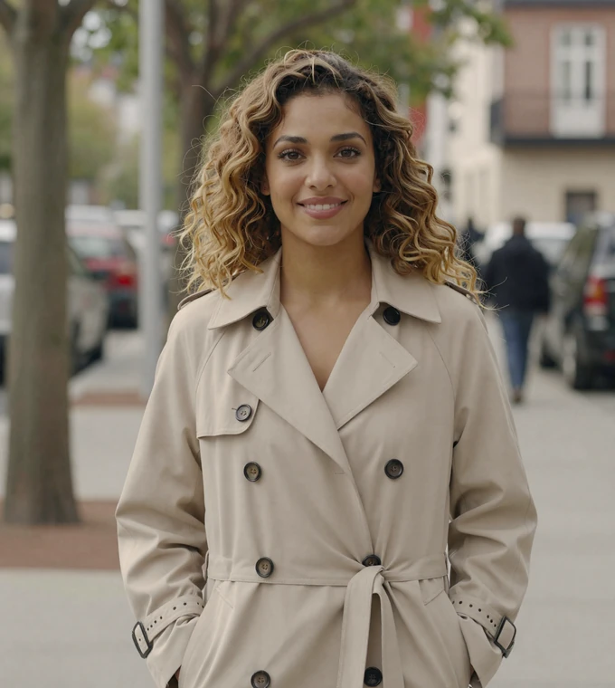 Mixed-ethnicity woman in a trench coat smiling on a city walk, a member of our veteran dating community