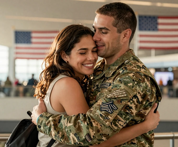 Woman joyfully embracing a service member in uniform at an airport homecoming, the reward of supporting an active duty partner