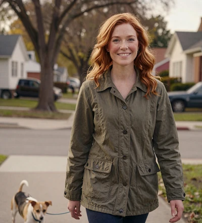 Redheaded woman walking a dog on a leafy street, a relationship-focused military dating member