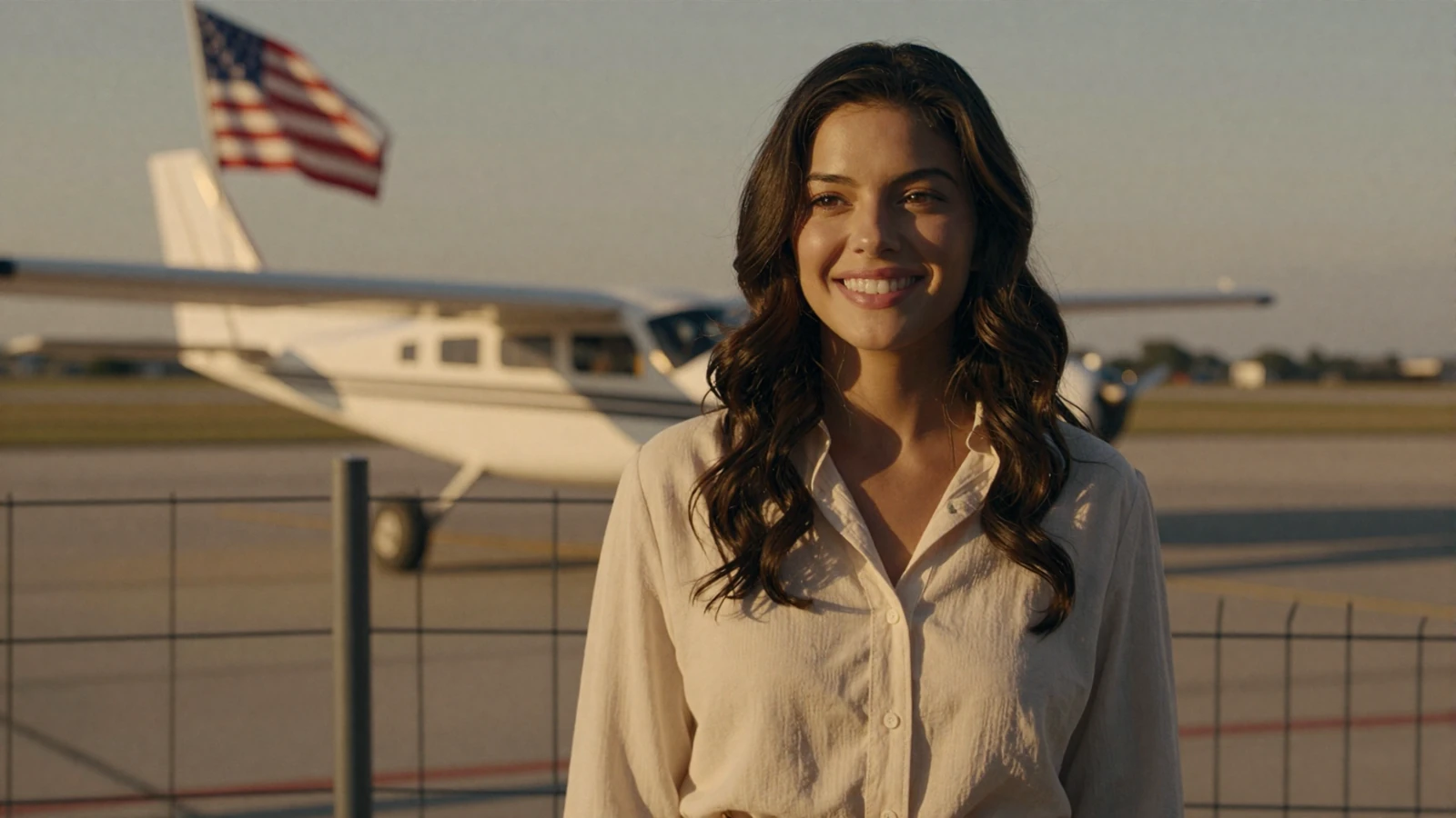 Brunette woman smiling near an airfield at golden hour on our military pilot dating site for aviators
