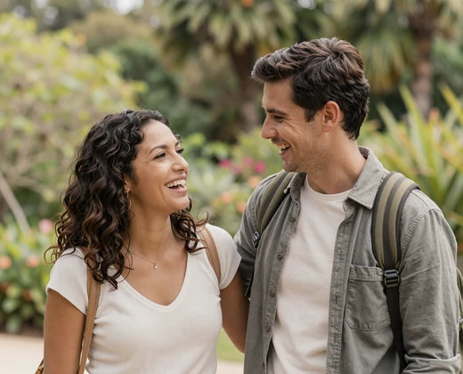 Happy couple laughing at a botanical garden, a genuine military relationships success story