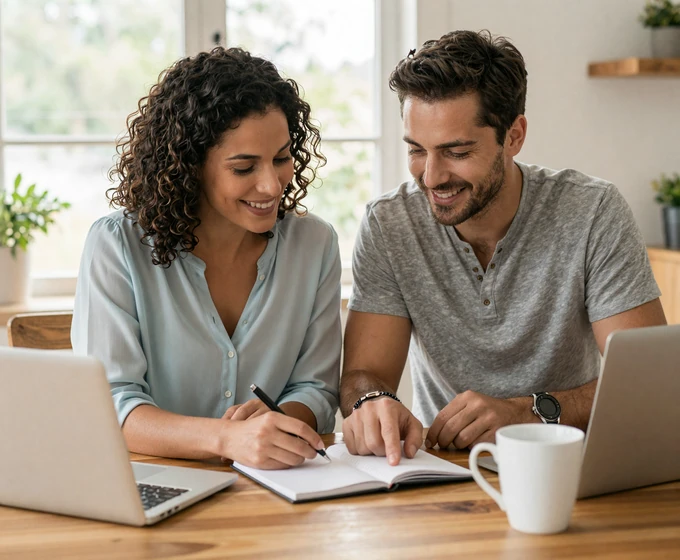 Happy couple planning their future together in a bright home, showing the benefits of marrying a military man