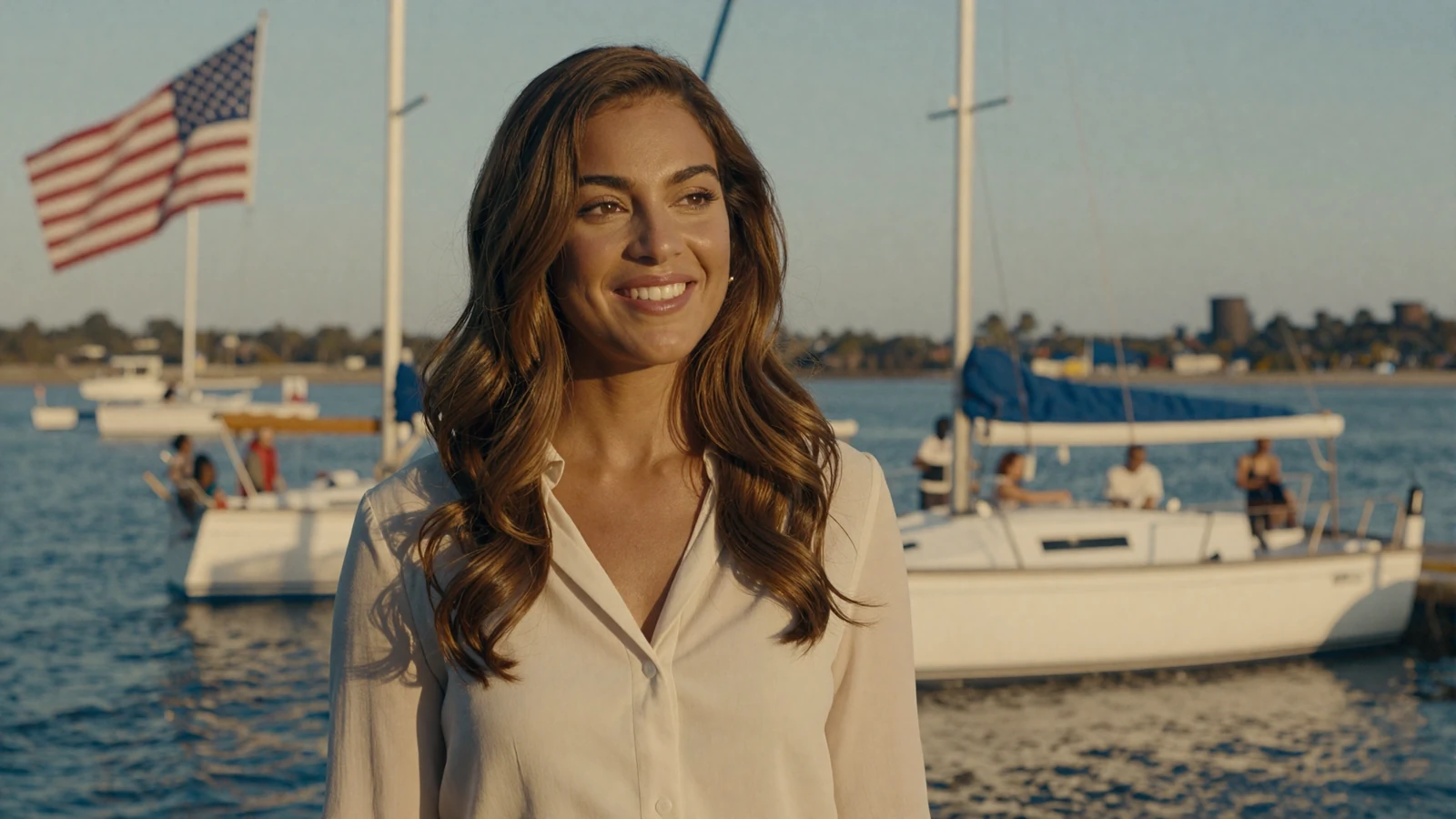 Woman smiling on a marina waterfront at golden hour on our navy dating site for sailors and singles