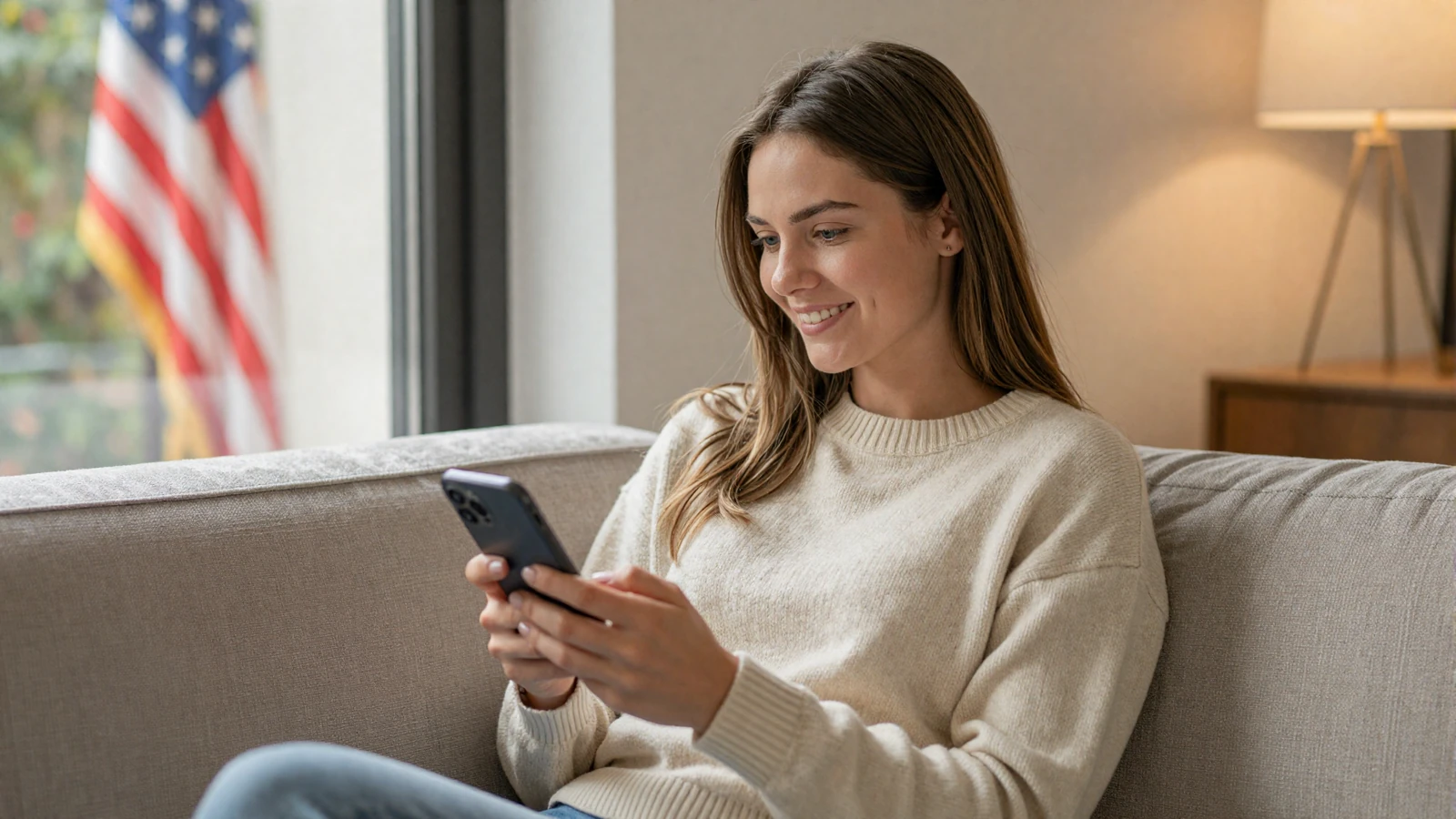 Woman smiling at her phone on an apartment sofa, weighing military dating sites against a soldier dating app