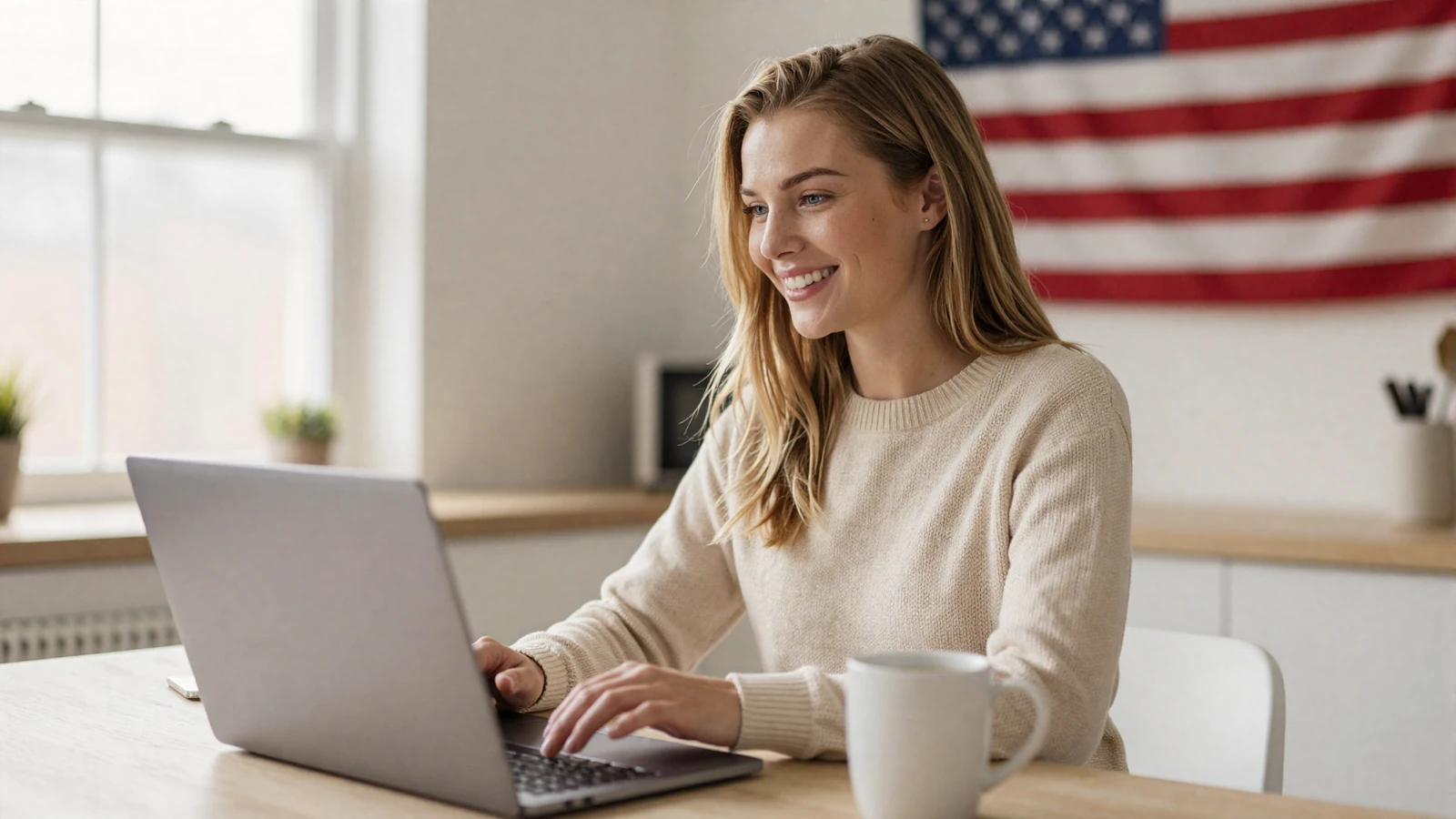 Woman smiling during a video call at her kitchen table, illustrating how to build trust in a long distance military relationship