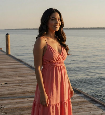 Latina woman on a waterfront pier at sunset, a verified profile on our combat veteran dating category